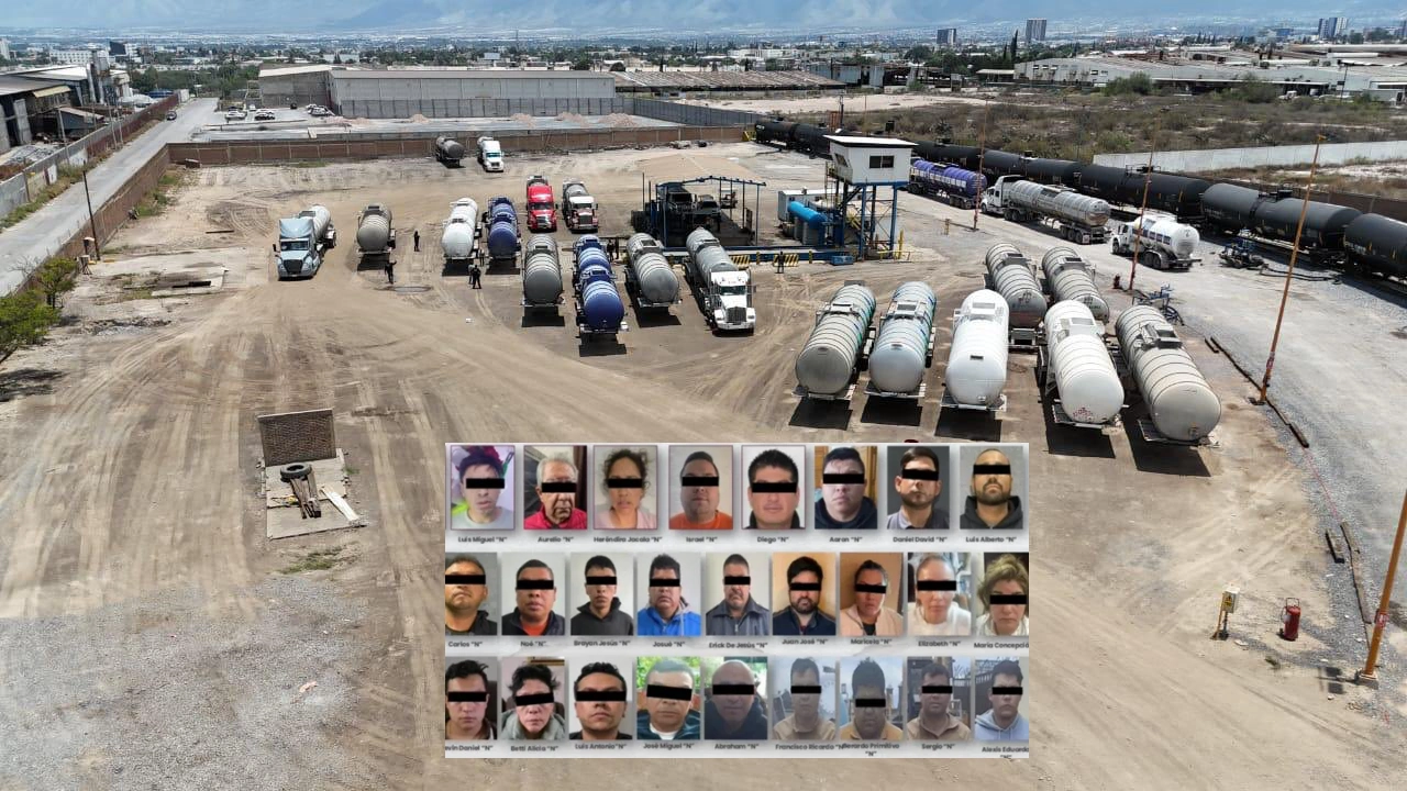 Elementos de seguridad resguardan inmueble con pipas y tambos usados para almacenar gasolina ilegalmente.