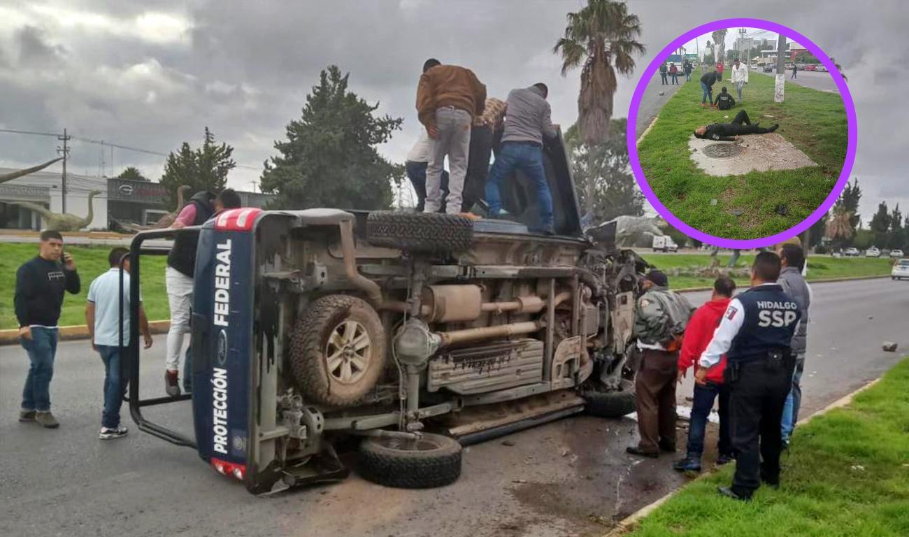 Video: Urvan provoca volcadura de patrulla en el bulevar Felipe Ángeles de Pachuca