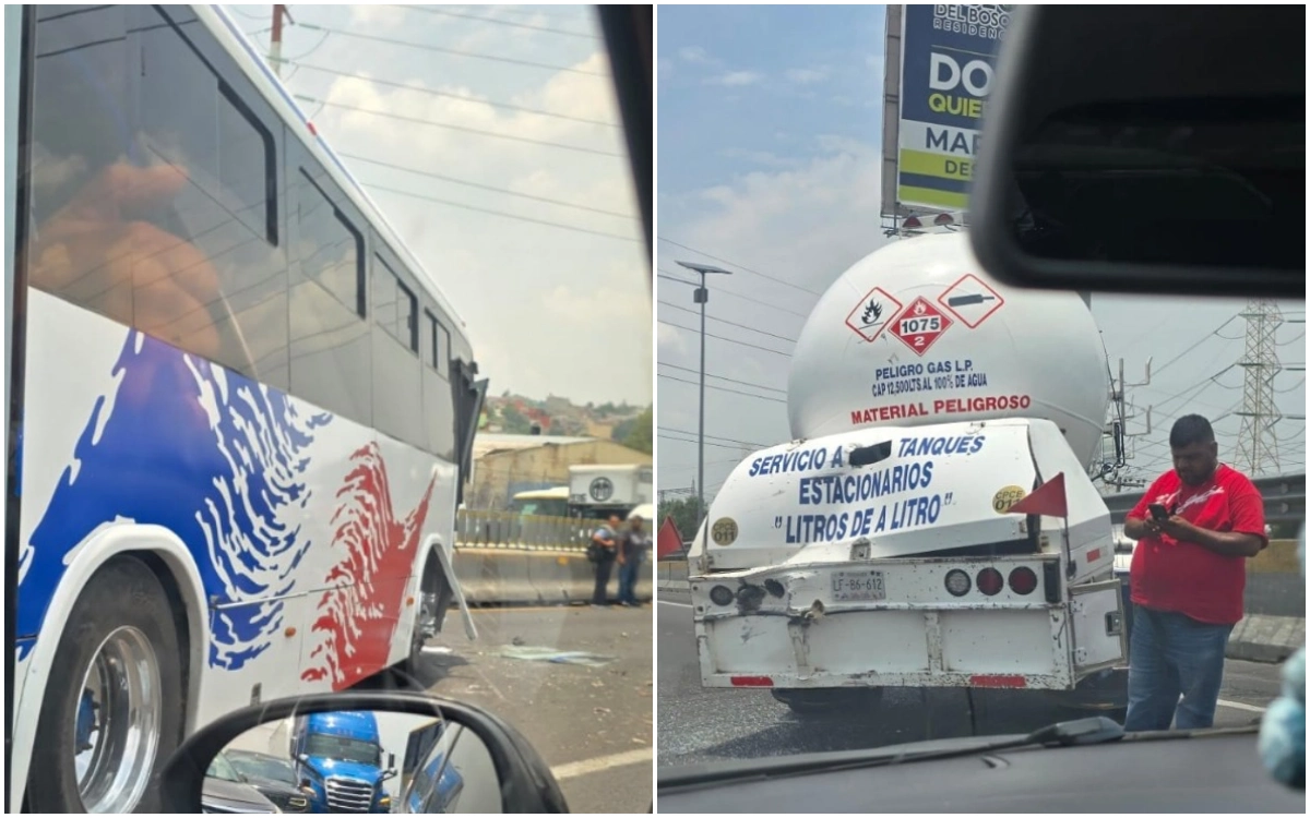 Colisión entre pipa de gas y autobús en Ecatepec causa bloqueo parcial de la México–Pachuca; tránsito lento hacia Hidalgo