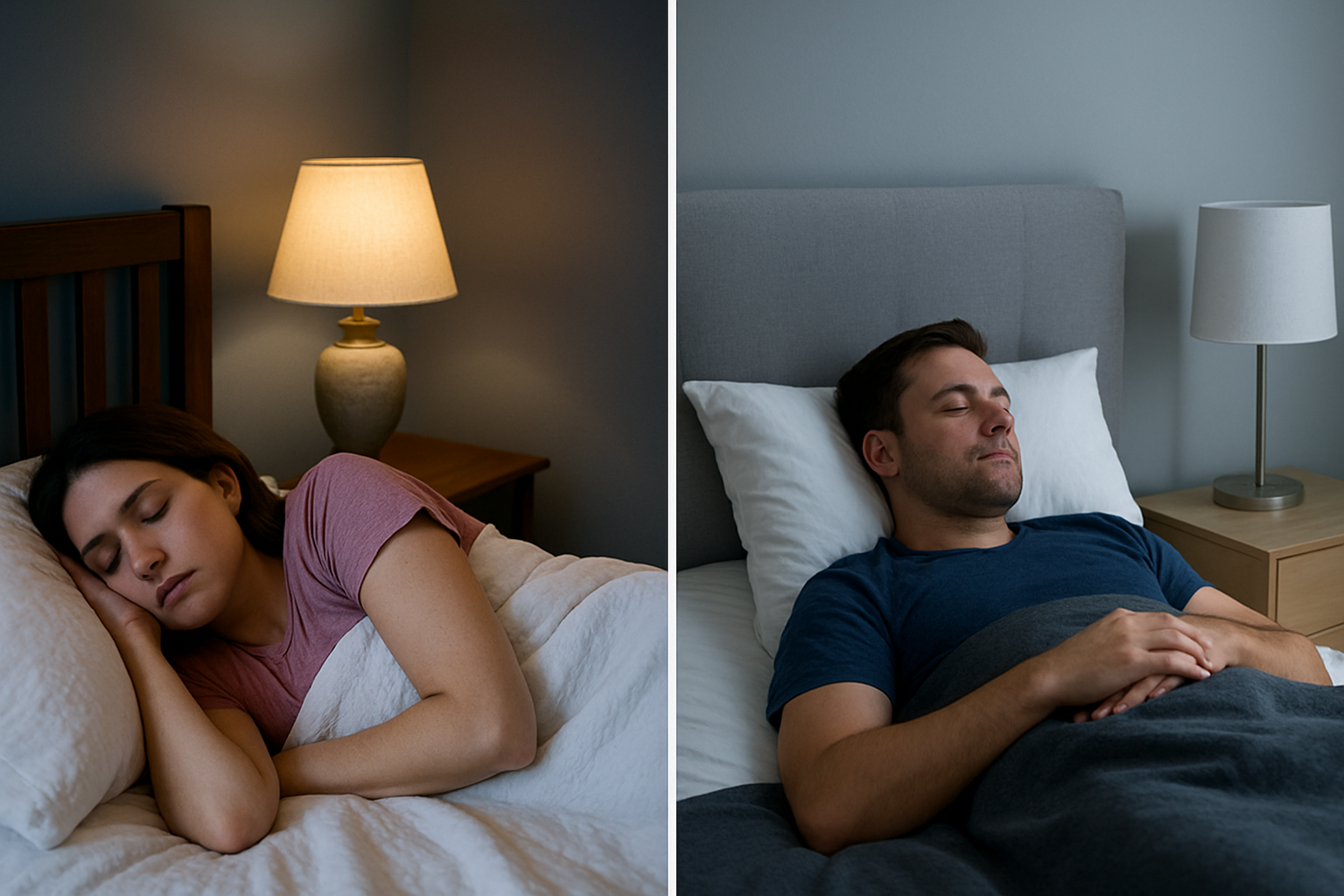 Pareja desayunando con dos habitaciones al fondo, símbolo del divorcio del sueño o sleep divorce.