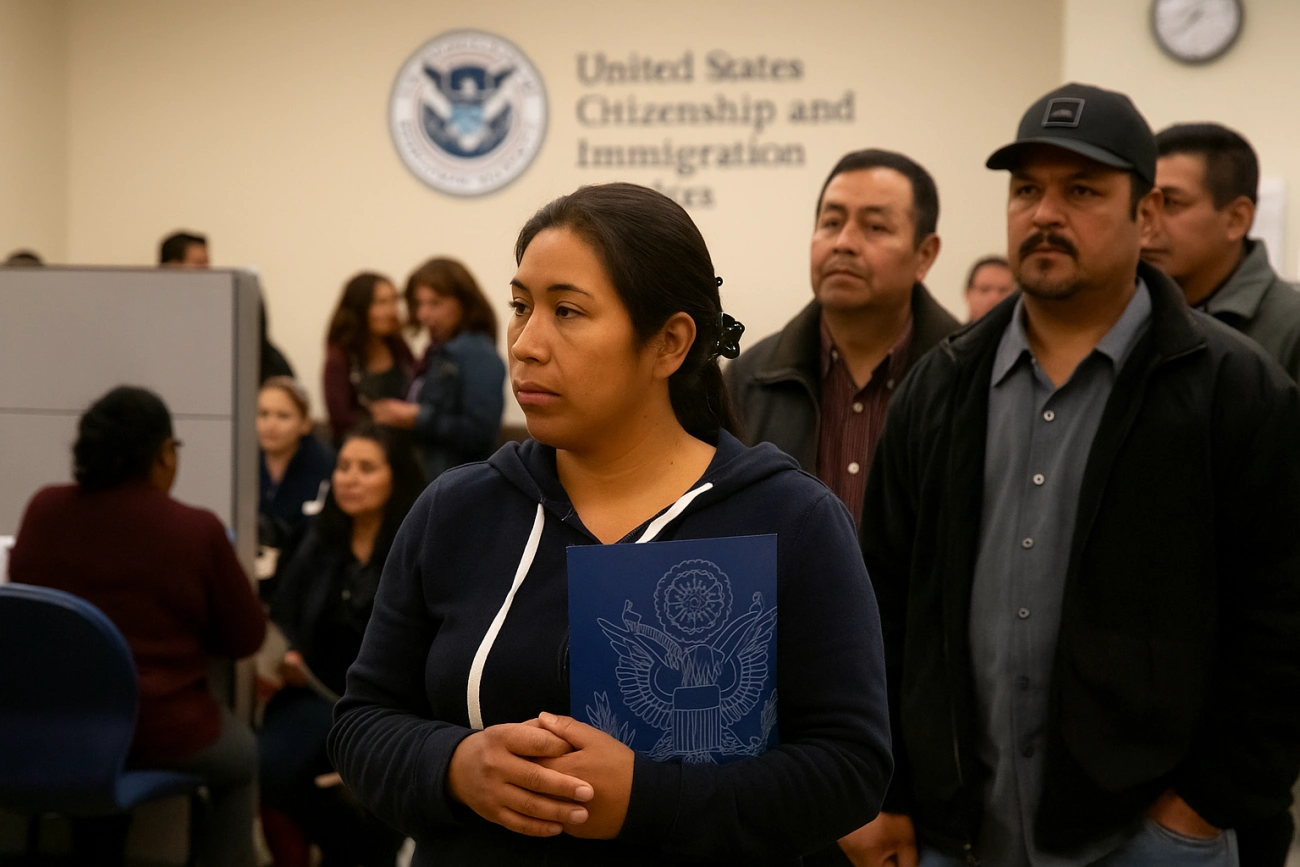 Migrantes mexicanos haciendo trámites en una oficina de servicios migratorios en Estados Unidos.
