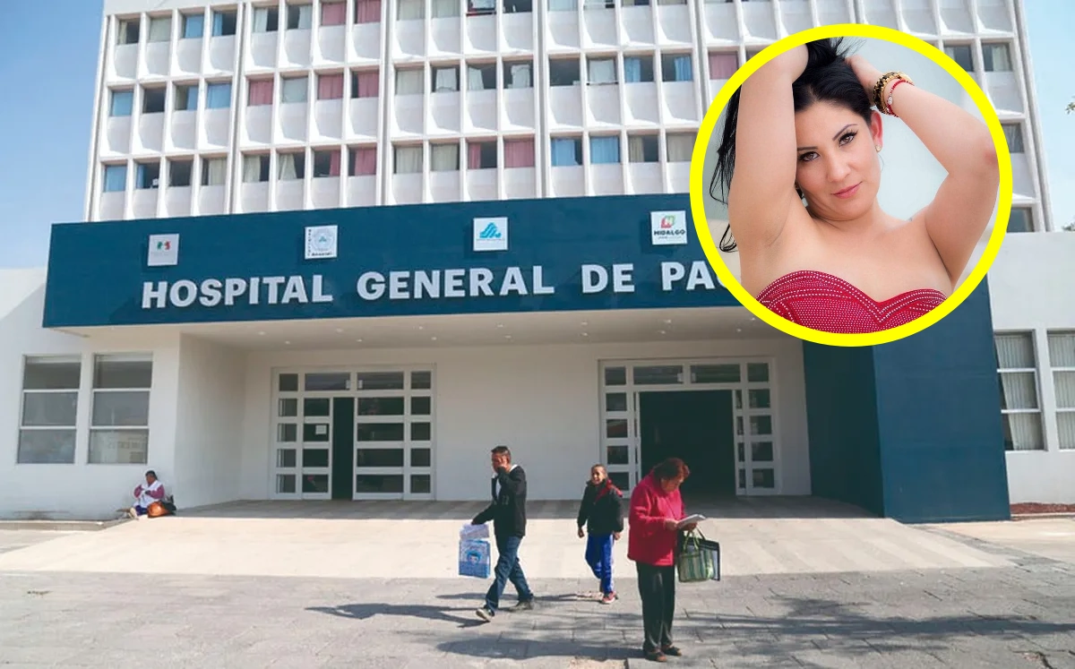 Hospital General de Pachuca con retrato insertado de Teresa Ferrer, actriz mexicana que falleció tras denunciar falta de medicamentos.