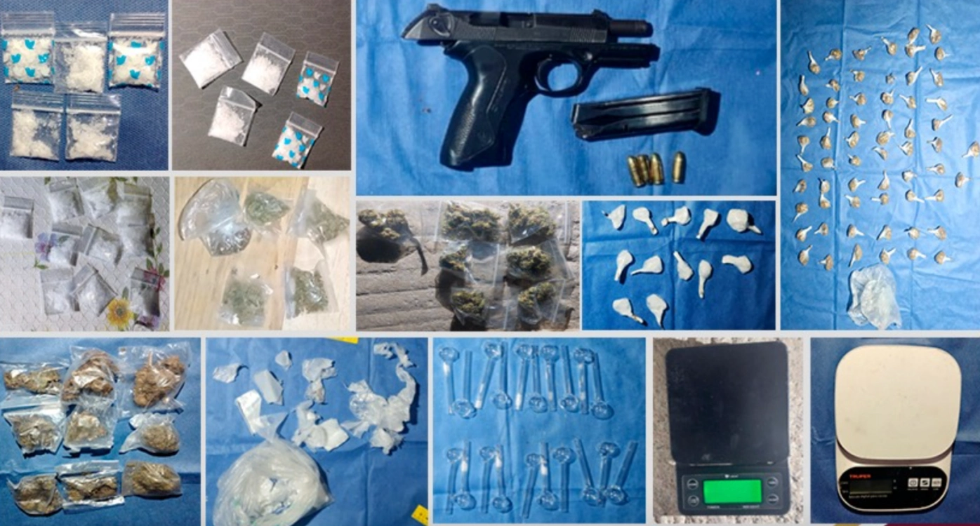 Evidencia incautada en Tulancingo: armas de fuego, municiones, drogas en diversas presentaciones, básculas y herramientas utilizadas para la distribución, así como hidrocarburo asegurado.