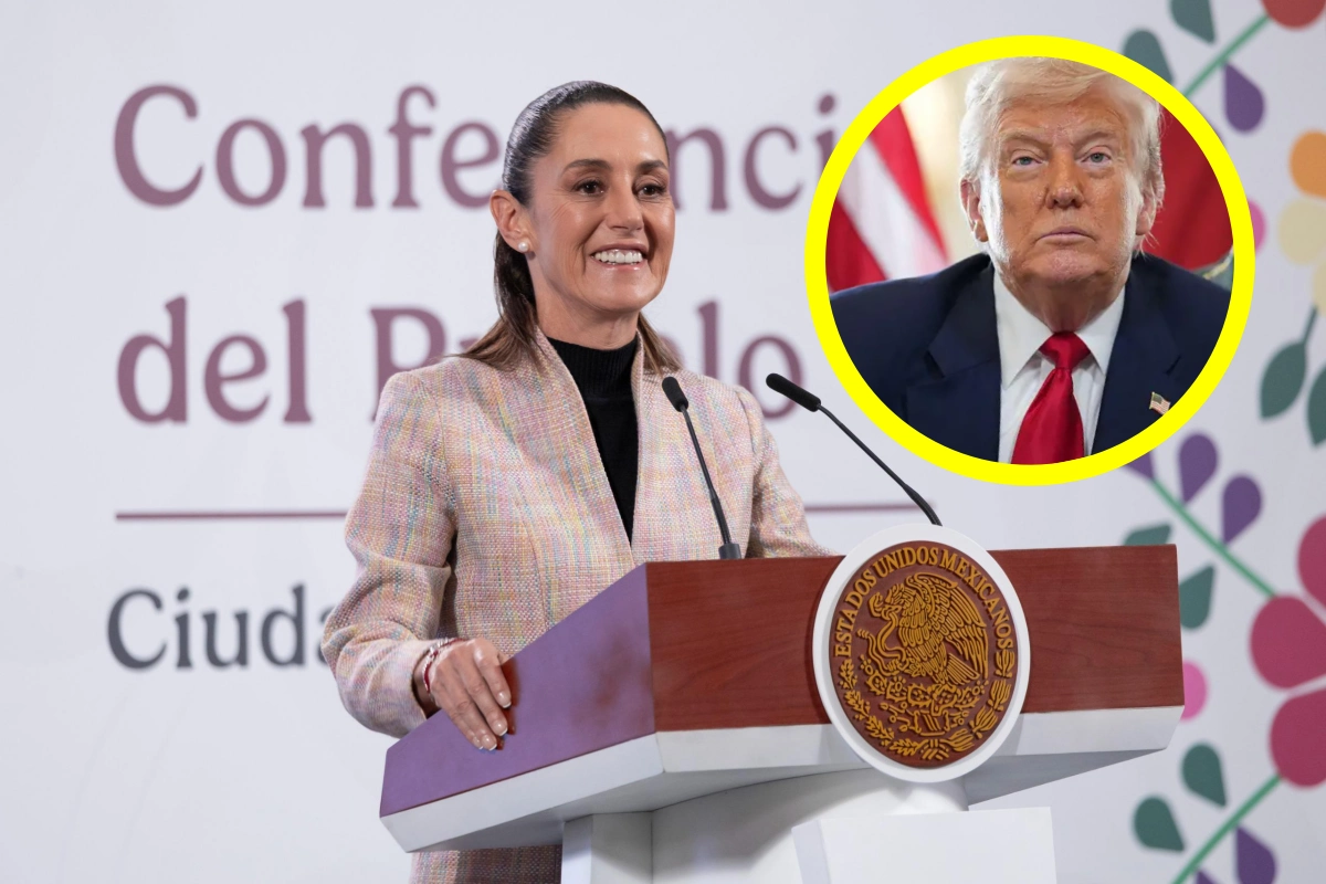 Claudia Sheinbaum en conferencia de prensa junto a una imagen de Donald Trump en un recuadro, al anunciar la suspensión de aranceles del 30% a productos mexicanos y un plazo de 90 días para negociar.