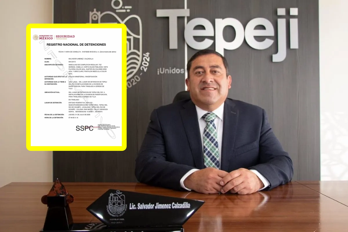 Documento del Registro Nacional de Detenciones junto a la imagen de Salvador Jiménez, exalcalde de Tepeji, detenido por su presunta participación en la Estafa Siniestra.