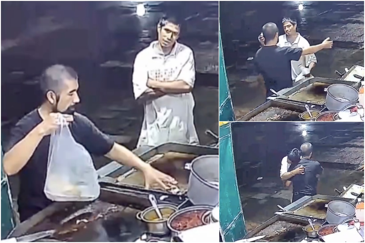 Un taquero abraza a un joven después de prepararle unos tacos.