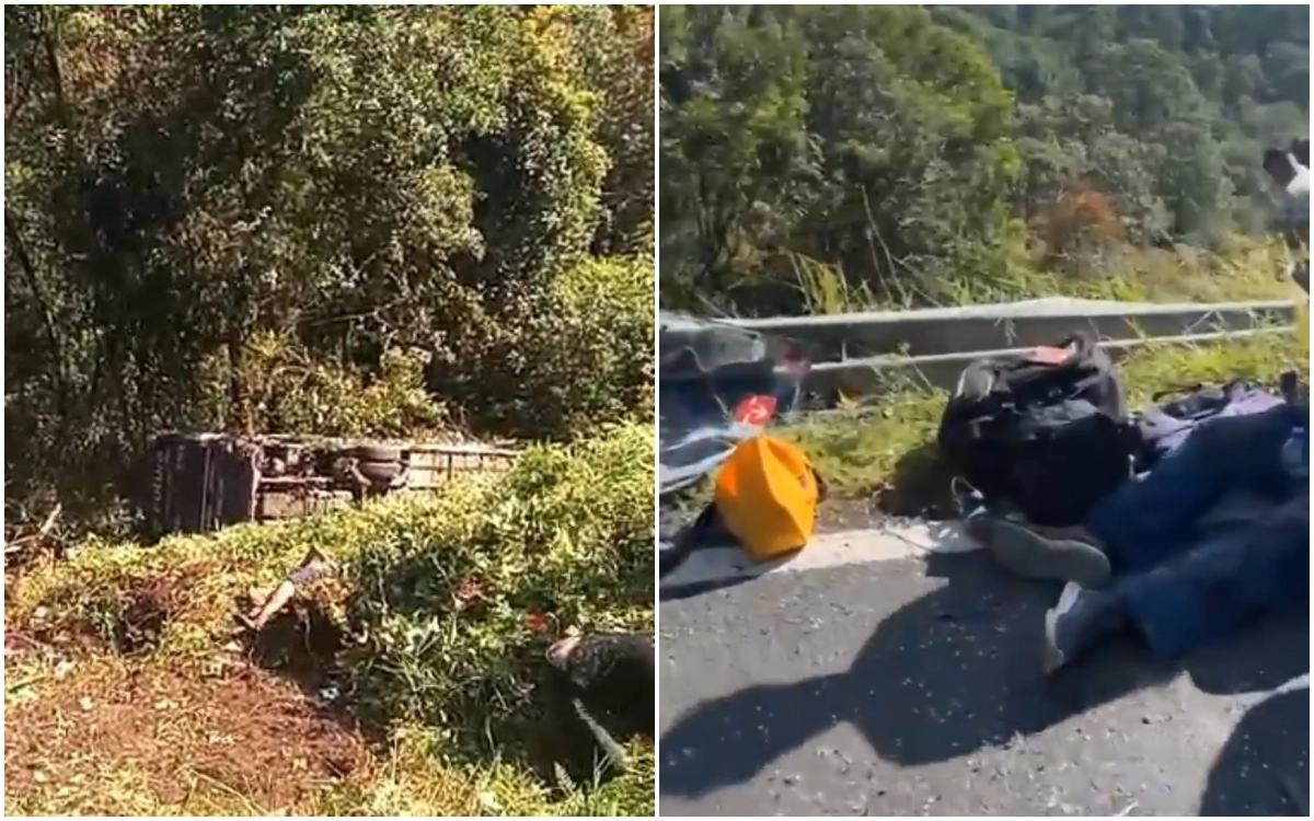 Accidente de autobús Futura en la carretera Pachuca–Tuxpan, Huauchinango; la unidad cayó a un barranco y cuerpos de emergencia realizan rescate.