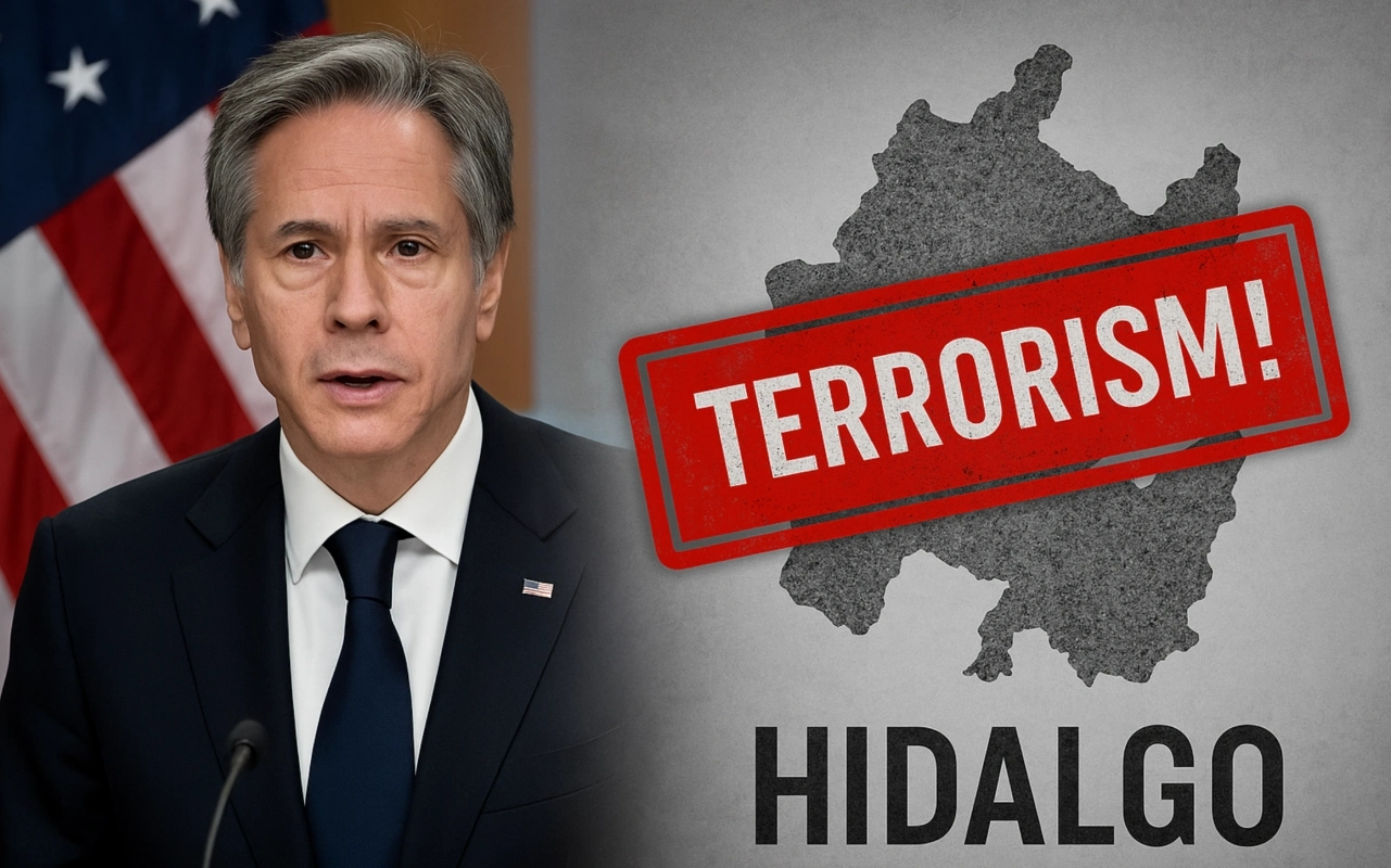 Secretario de Estado de EE.UU. junto a mapa de Hidalgo con sello de advertencia por terrorismo, crimen organizado y secuestro.