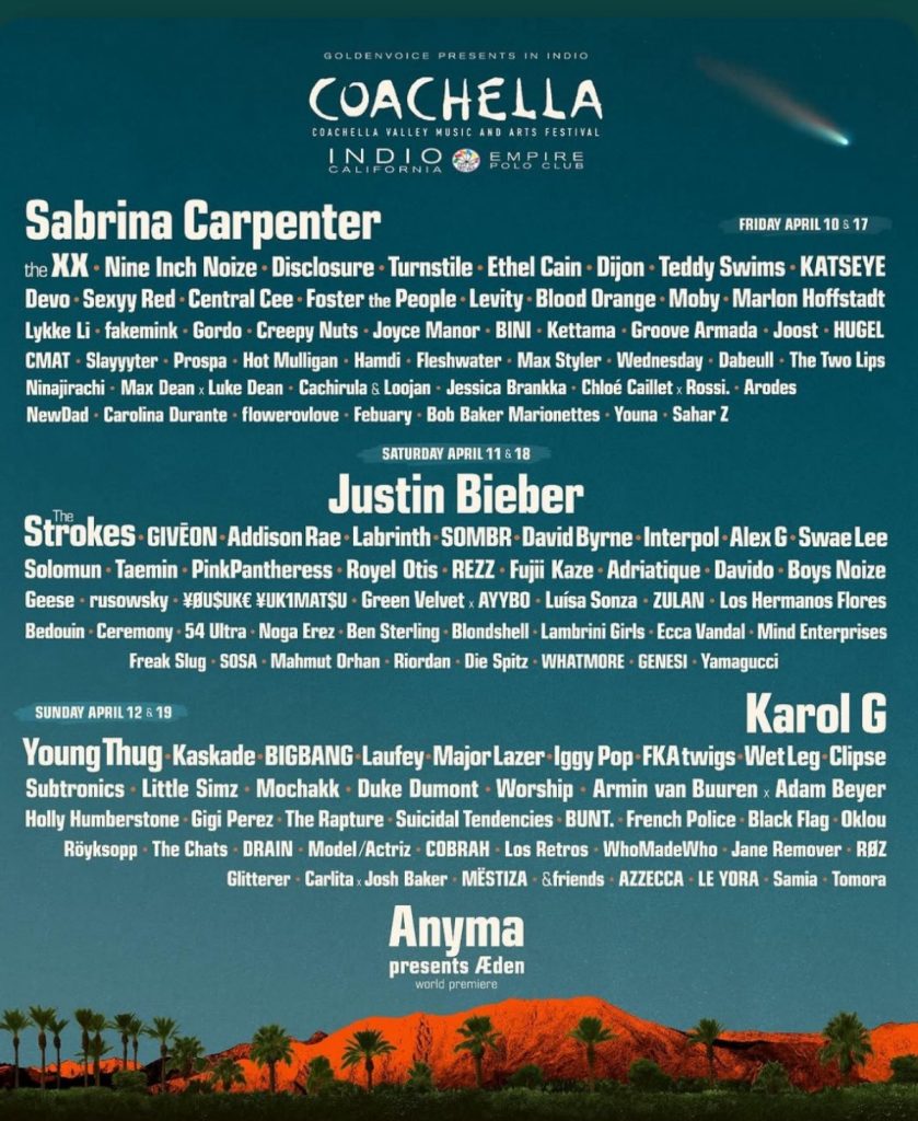 Karol G, Justin Bieber y Sabrina Carpenter encabezan Coachella 2025, que se celebrará en California del 10 al 19 de abril.
