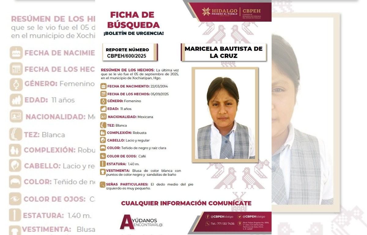 Maricela, niña indígena de 11 años, desaparece en Xochiatipan; suman dos menores no localizados en la Huasteca en 5 meses