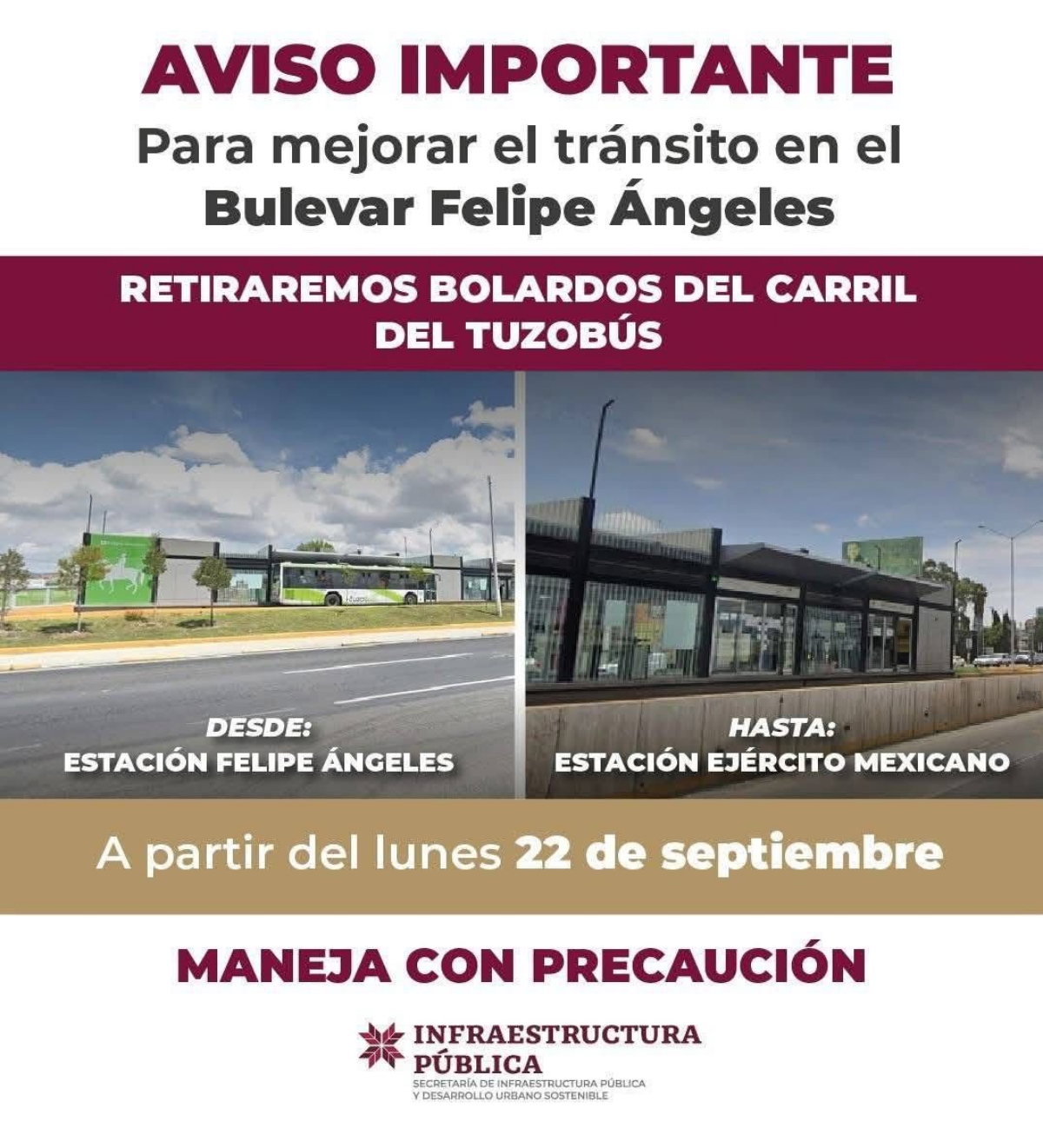 Retirarán bolardos del carril del Tuzobús en Pachuca para mejorar tránsito