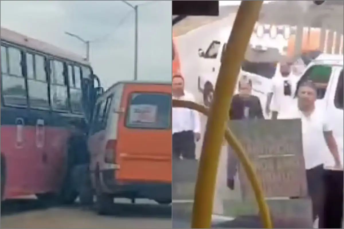 Choferes de combi que cubren la ruta 258 Bicentenario, en Zumpango, Estado de México, atacaron al operador y al autobús de una nueva línea de transporte que realizará el mismo trayecto. Foto: Especial