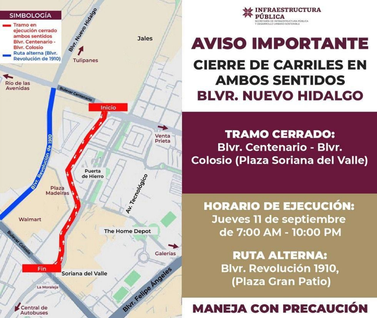Cierre total del bulevar Nuevo Hidalgo por obras de repavimentación este jueves
