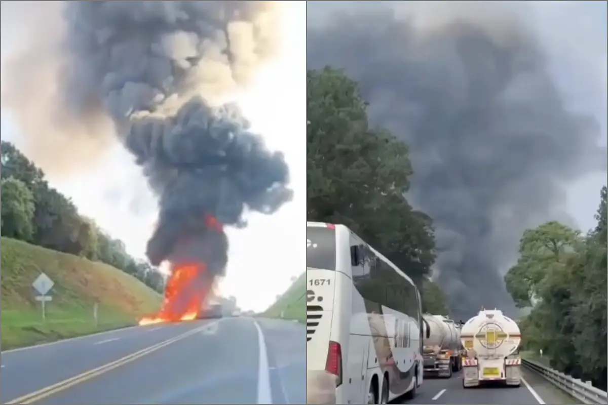 Una pipa cargada con combustible se incendió tras accidentarse sobre la carretera México - Tuxpan, lo que ha provocado un intenso tráfico en la zona.