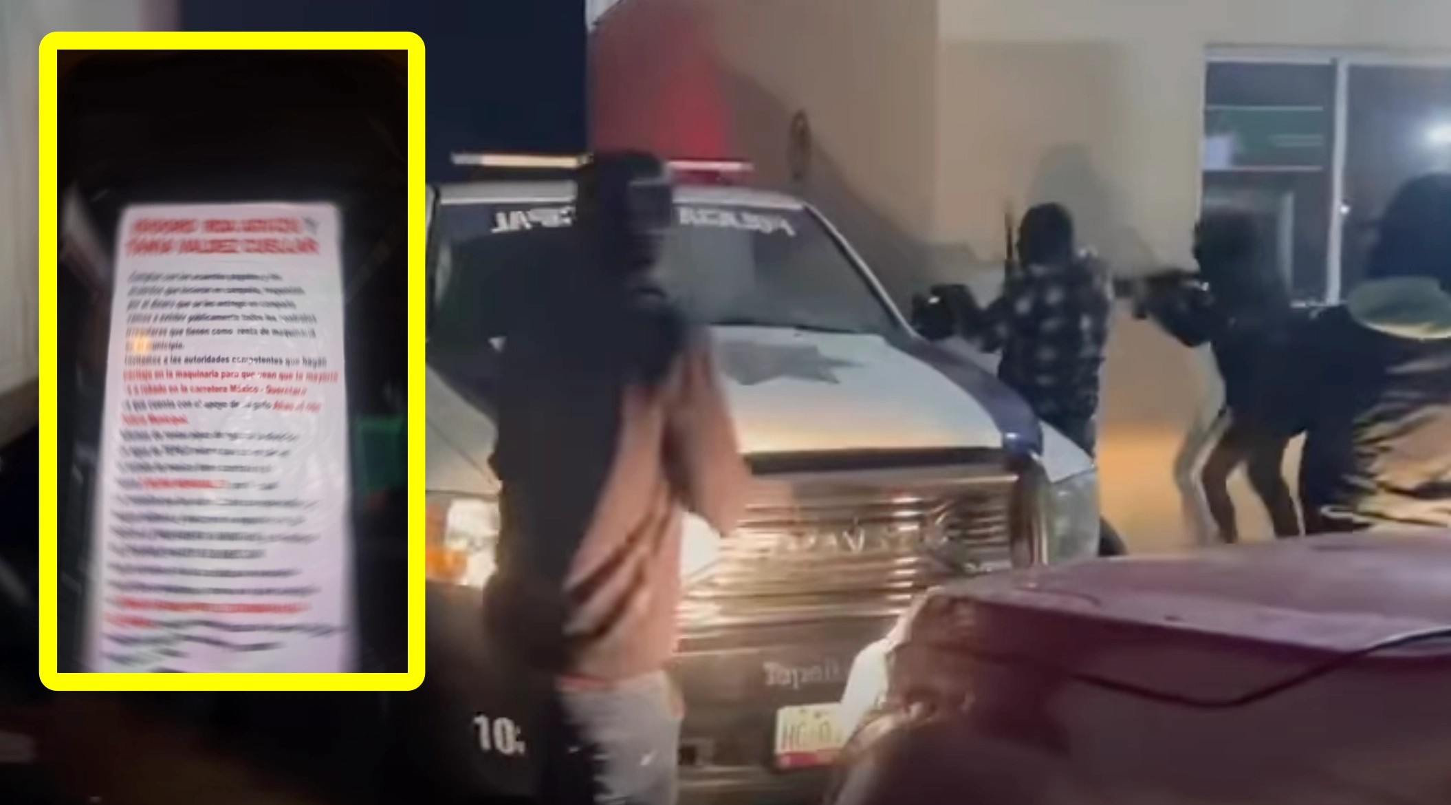 Lona colocada por grupo armado sobre patrulla en Tepeji del Río; un policía fue herido